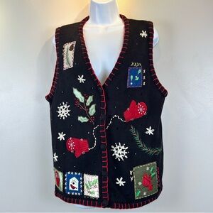 VTG 90s Basic Editions Holiday Sweater Vest L  Mitten Snowflake Cardinal Teacher